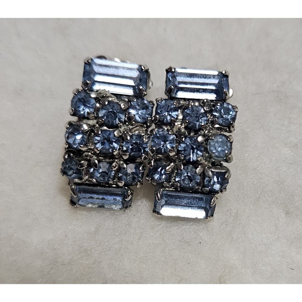 Vintage Clip On Earrings Blue Rhinestones Elegant Round Baguette Silver Tone